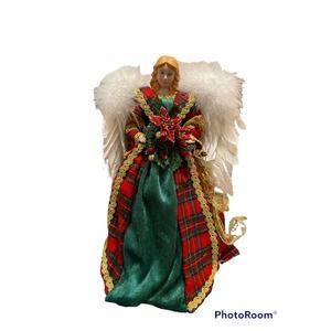 Kurt Adler Angel Tree Topper with plaid dress and pointsettias